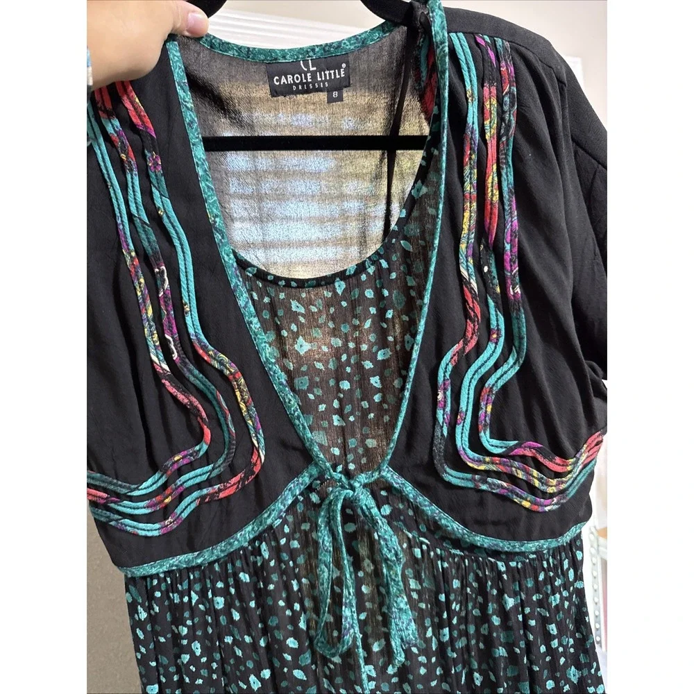Vtg CAROLE LITTLE Dress Womens 8 Maxi‎ Art to Wear Faux Bolero 90s Boho Western - Picture 16 of 16